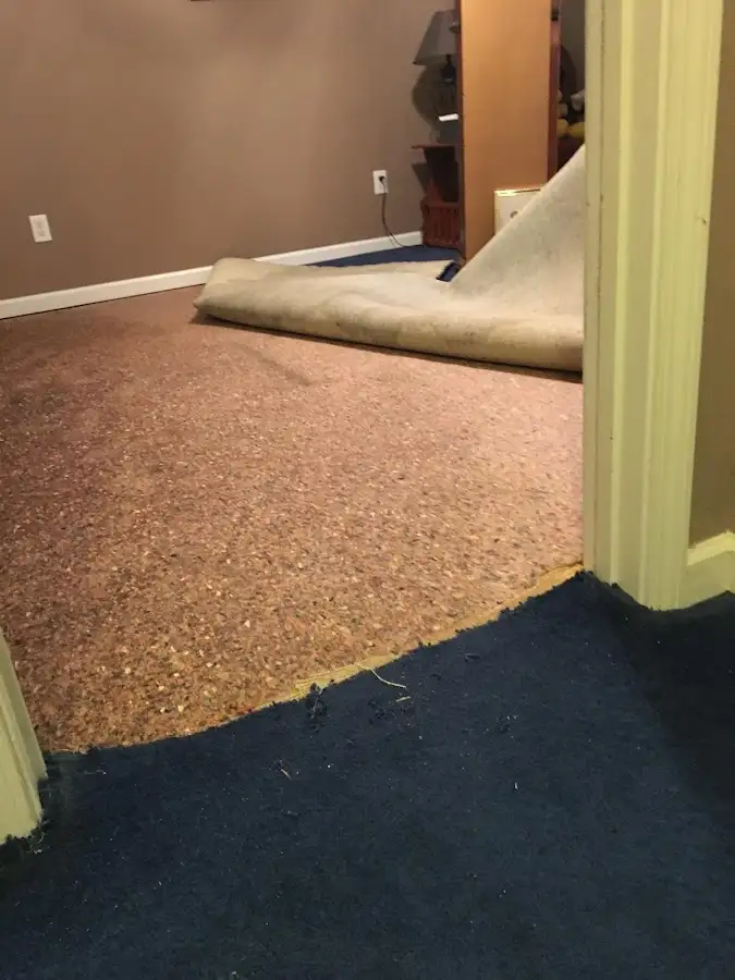 Carpet pad removal revealing water damage during Water Mitigation Services in Pendleton